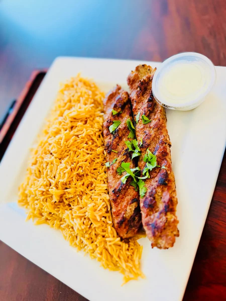 Beef shami kabob with rice and salad